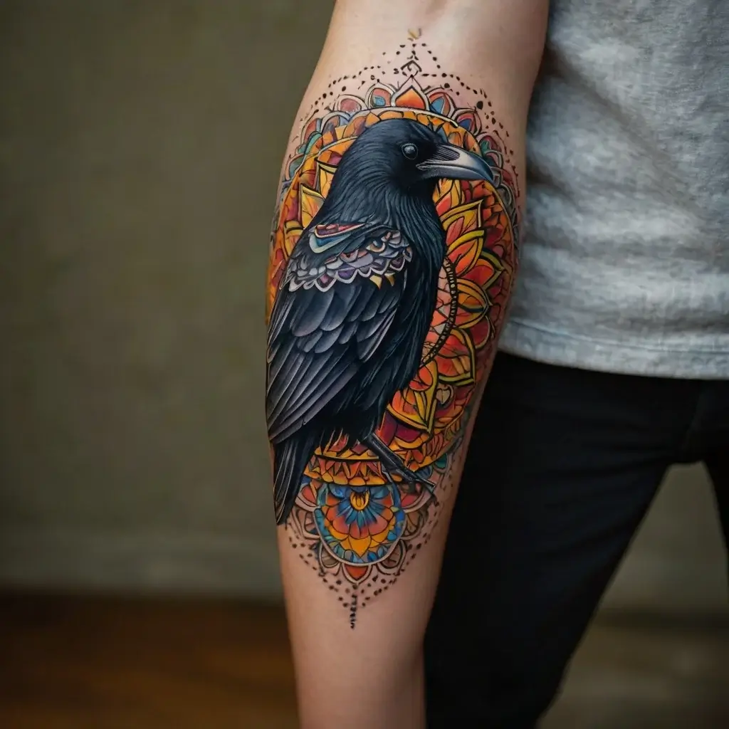 A detailed raven tattoo with vibrant mandala backdrop in orange and blue hues, emphasizing contrast and symbolism.