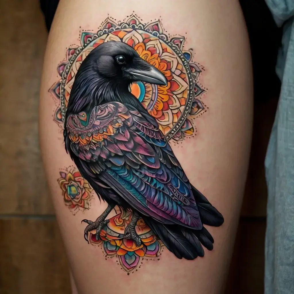 Intricate tattoo of a raven with vibrant feathers atop a detailed mandala background, rich in orange and blue hues.