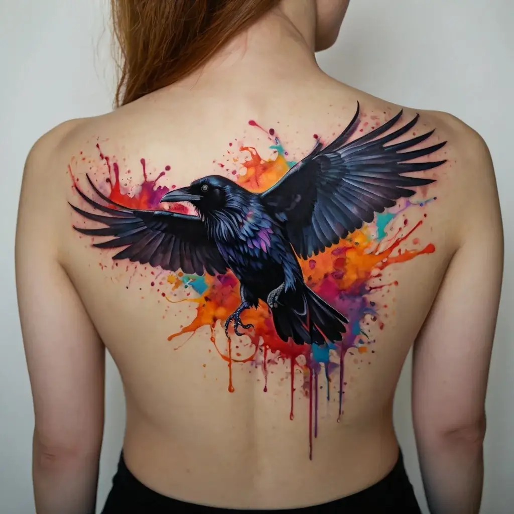 A vibrant raven tattoo with splashes of red, orange, and purple watercolor, symbolizing transformation and mystery.