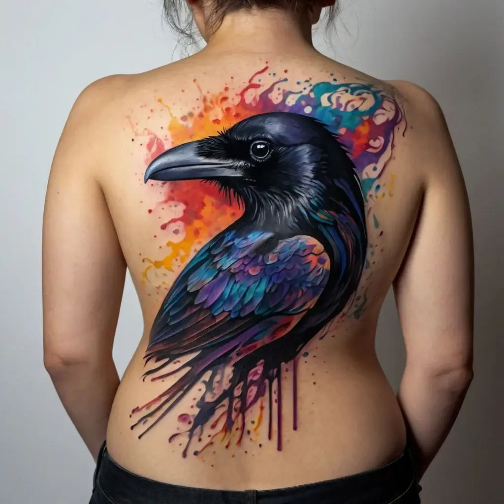 A vibrant back tattoo of a realistic raven surrounded by colorful splashes in hues of orange, purple, and blue.