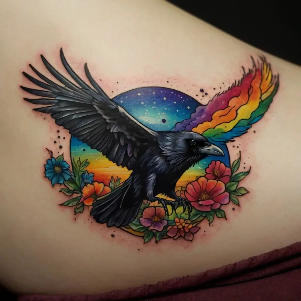 A vibrant tattoo of a black raven with rainbow wings, surrounded by colorful flowers and a cosmic sunset sky.