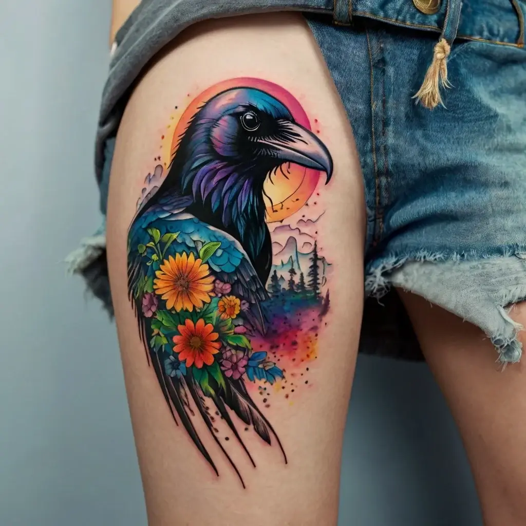 Colorful raven tattoo on thigh with vibrant flowers and a sunset, blending nature and mysticism in a striking design.