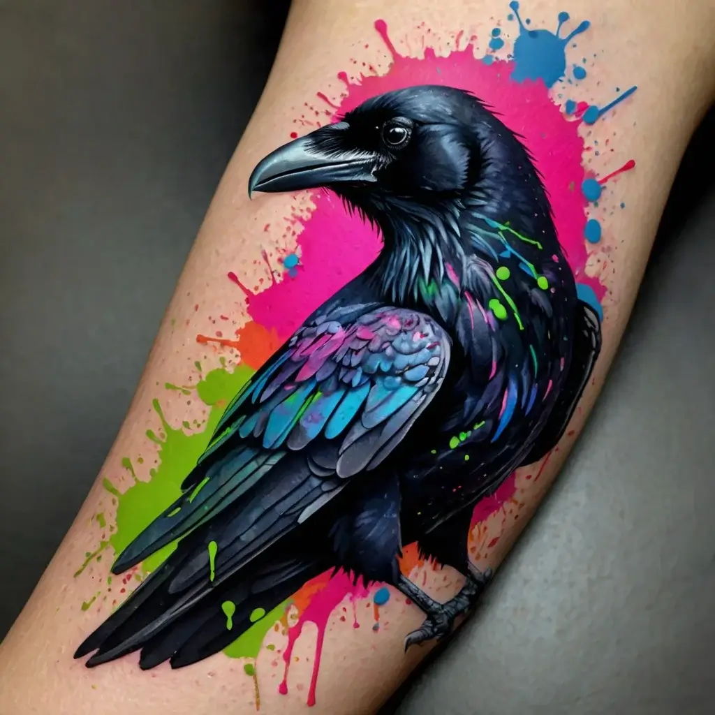 A vibrant tattoo of a black raven with colorful splashes of pink, blue, green, and orange, creating a dynamic watercolor effect.