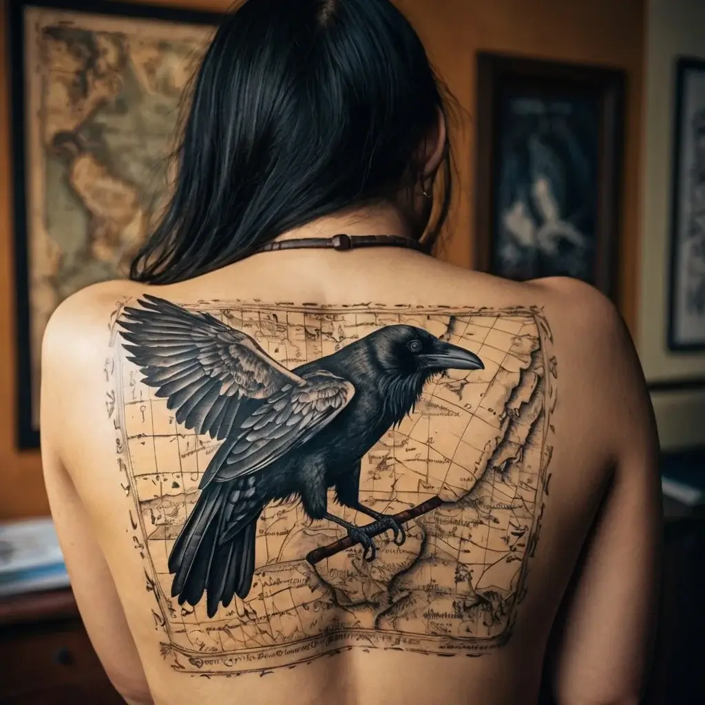 Tattoo of a black raven perched on a vintage world map, spanning across the upper back, symbolizing mystery and exploration.