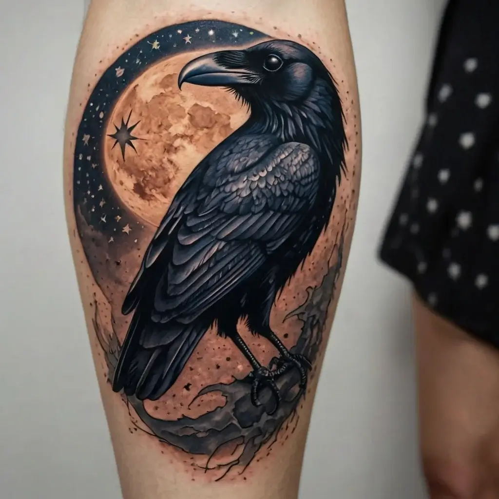 Tattoo of a detailed raven perched on a branch against a full moon, surrounded by stars in a night sky.