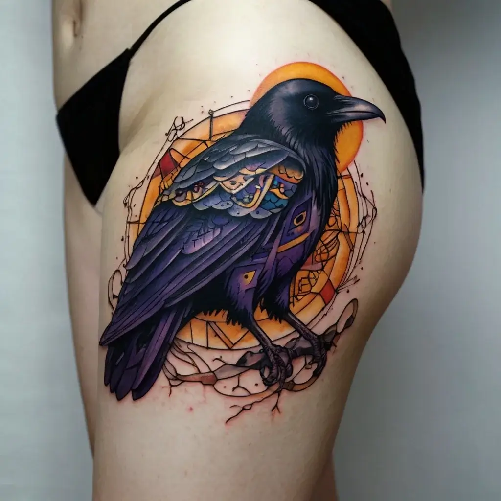 Tattoo of a vibrant raven with geometric details, perched against an orange halo background on the upper thigh.