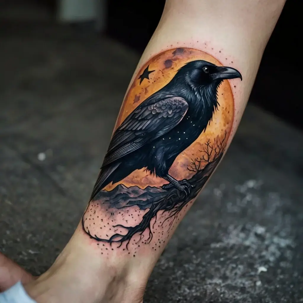 Tattoo of a detailed raven perched on a branch silhouetted by a full orange moon with stars, evoking mystery and wisdom.