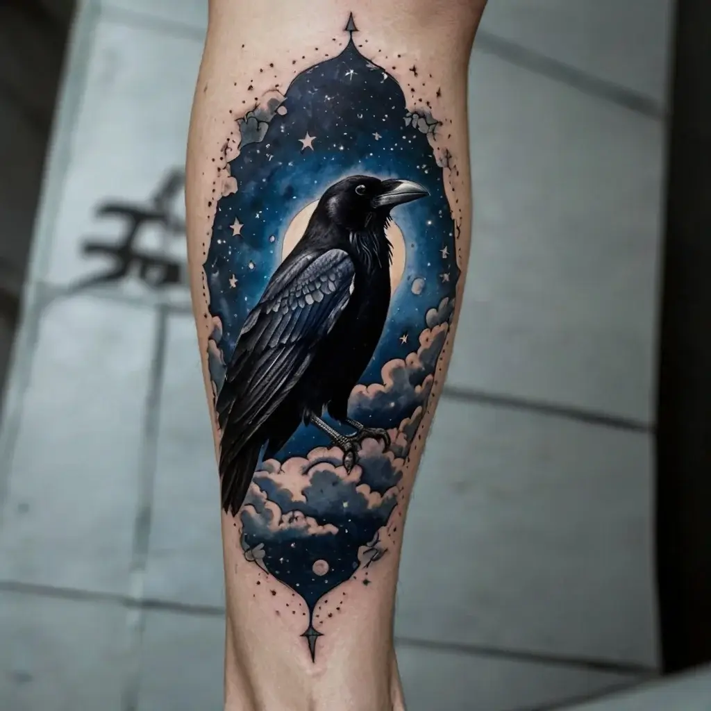 A detailed raven tattoo framed by clouds and stars, with a crescent moon background, creating a mystical, night-sky scene.