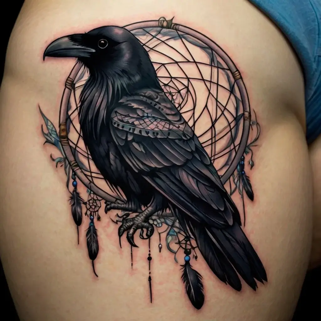 A detailed raven perched on a dreamcatcher, adorned with feathers, beads, and intricate webbing, symbolizing protection and wisdom.