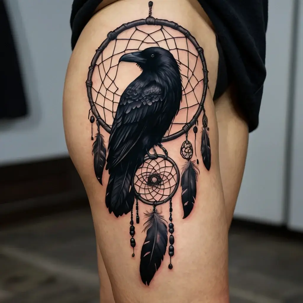 Tattoo of a detailed raven perched on a dreamcatcher, with feathers and beads, combining themes of mystery and protection.