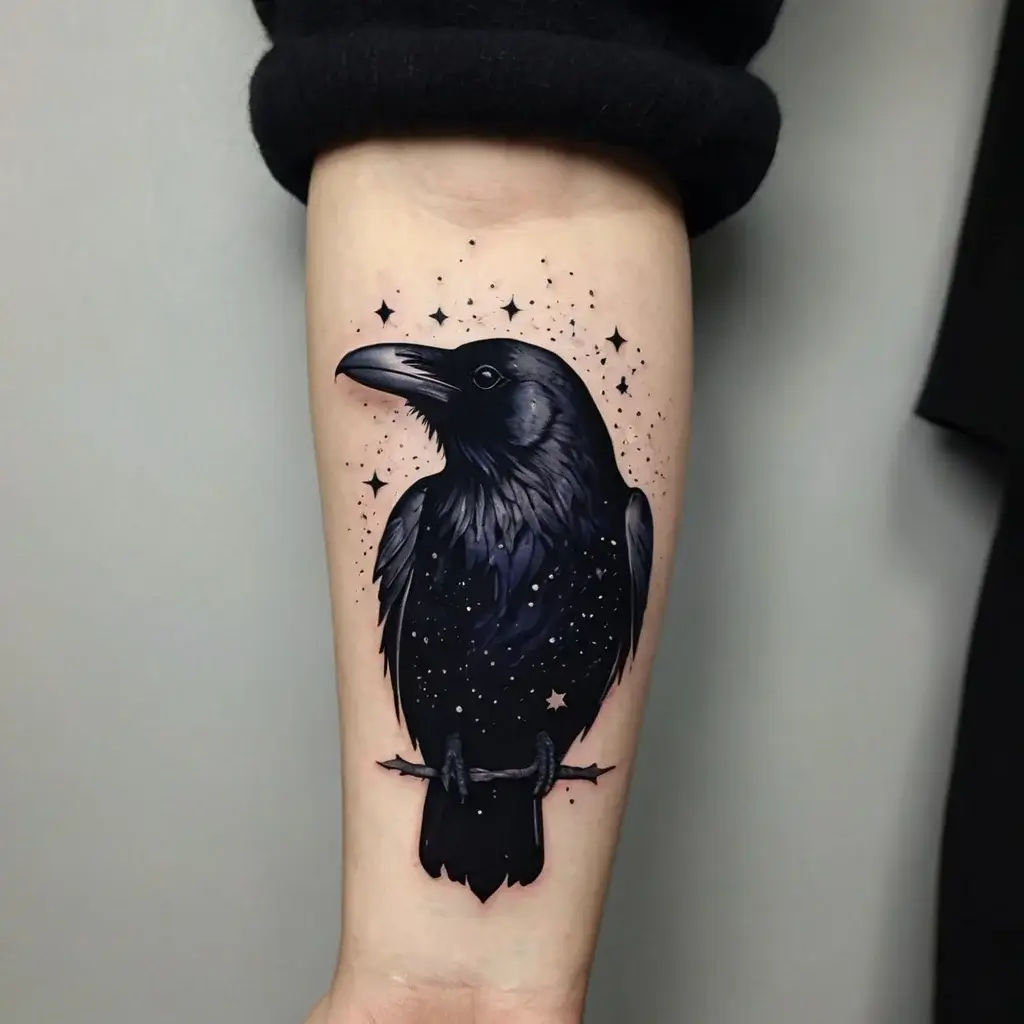 A detailed black raven with starry night elements, perched on a branch, symbolizing mystery and wisdom on the forearm.