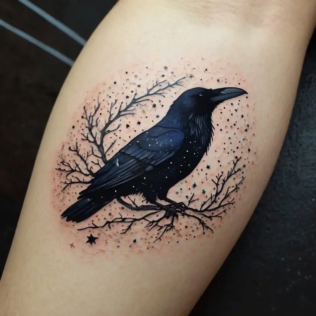 A detailed raven tattoo perched on branches with a starry night background, combining realism and dotwork art styles.