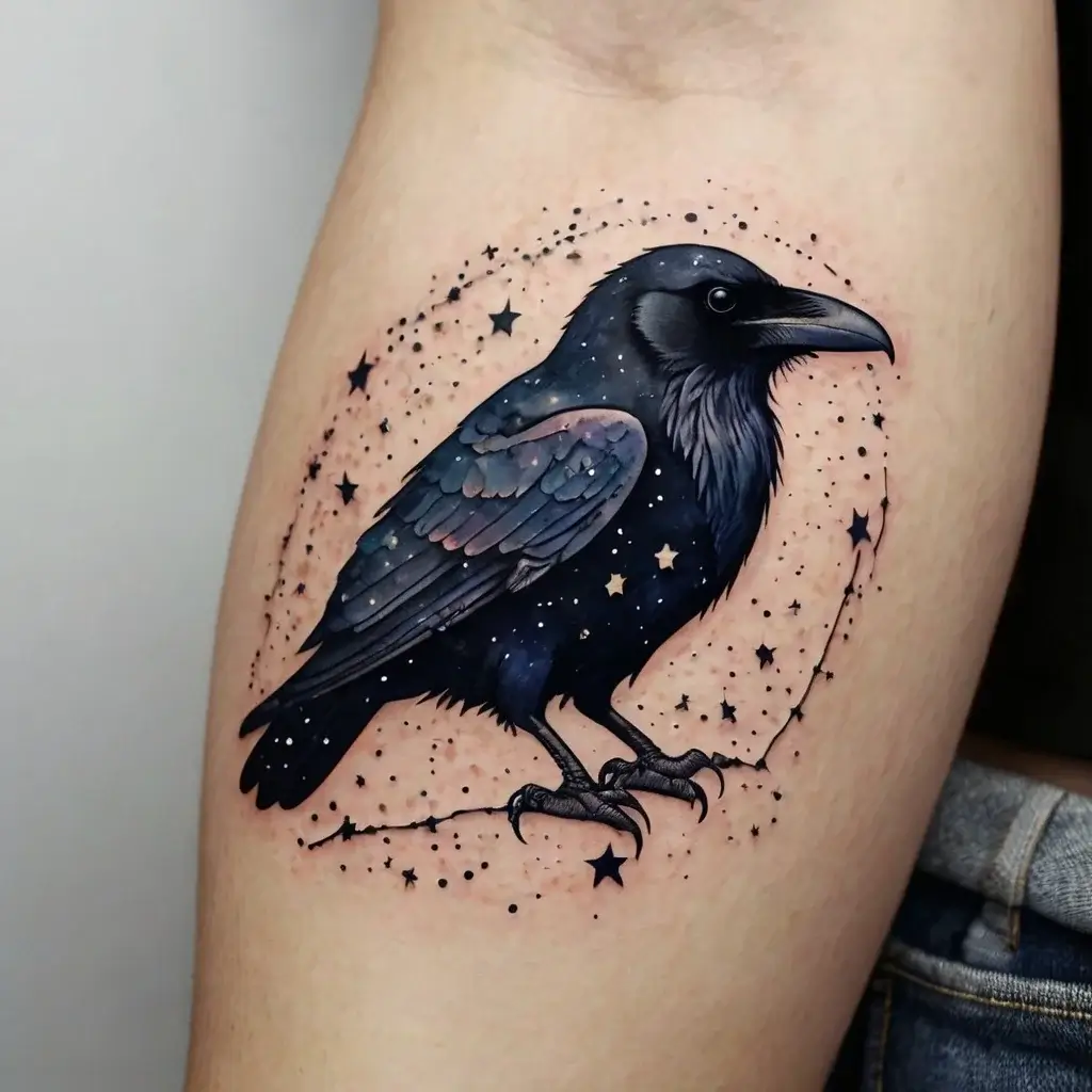 A raven tattoo sits on a branch surrounded by stars, blending shades of blue and black, evoking a mystical, night sky theme.