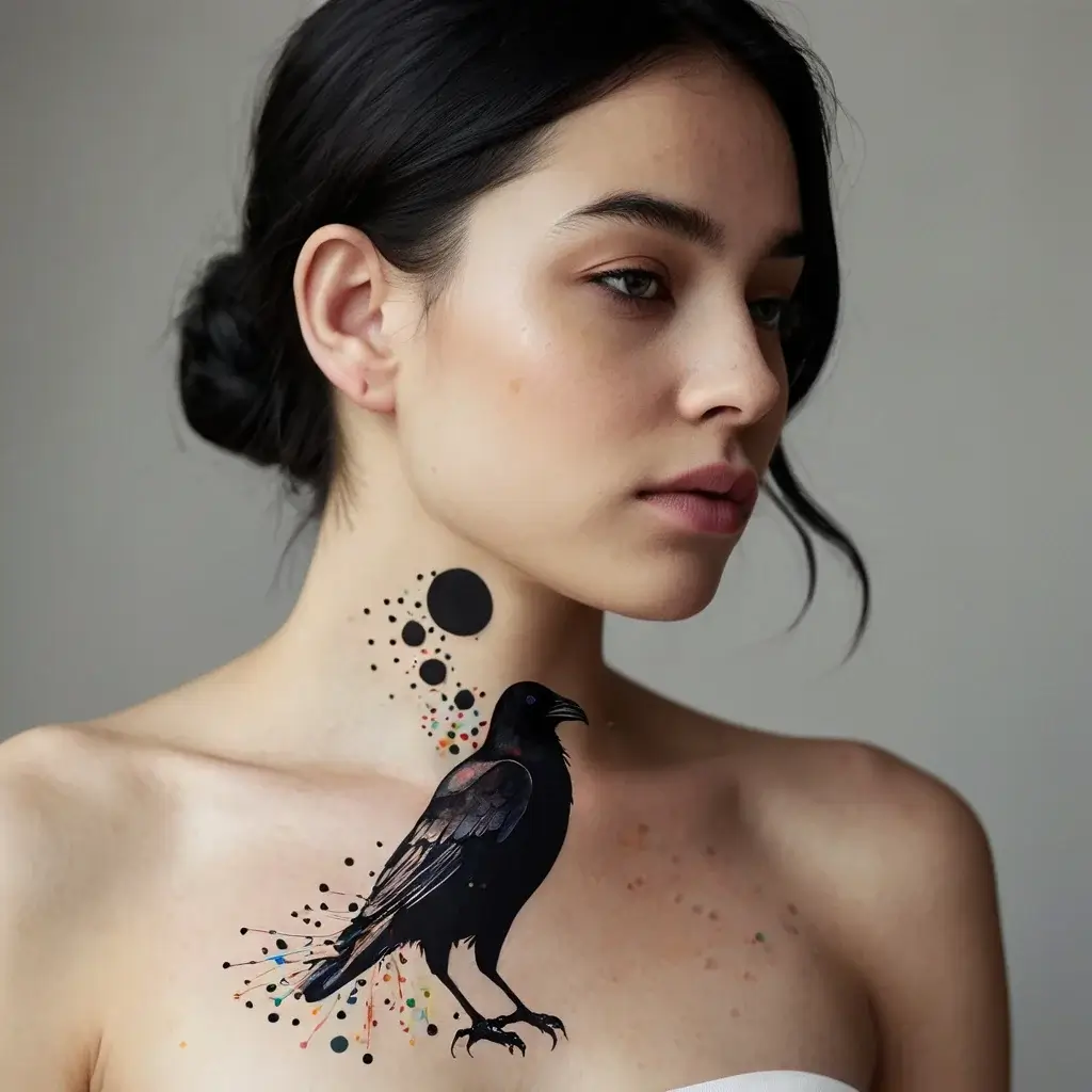 Tattoo of a black raven on the chest with colorful accents and abstract black circles extending to the neck.