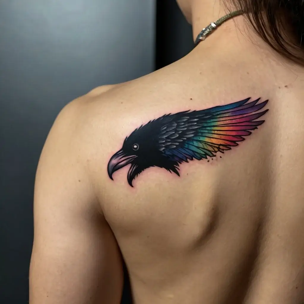 Tattoo of a raven head with a vibrant, rainbow-colored wing on the upper back, blending realism and fantasy styles.