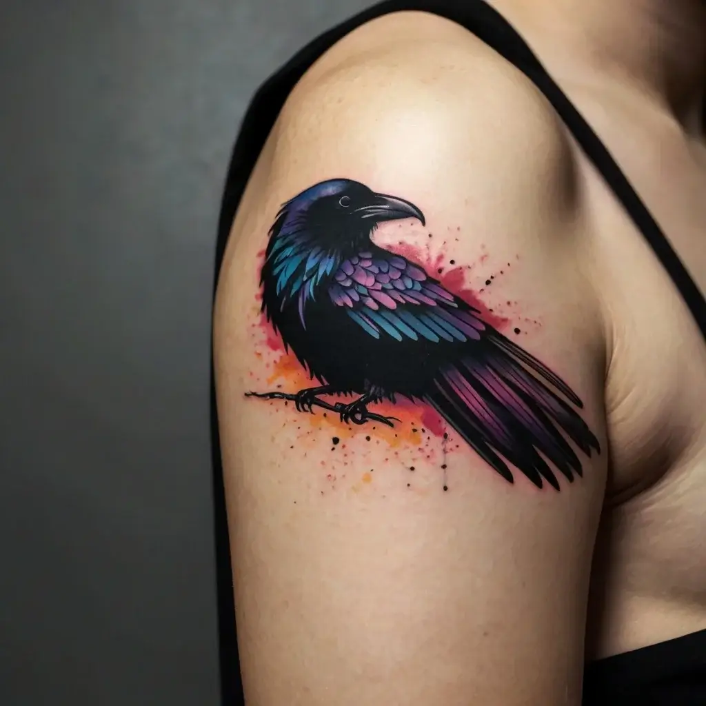 Vibrant tattoo of a raven with purple and blue feathers, perched with abstract splashes of red and orange in the background.