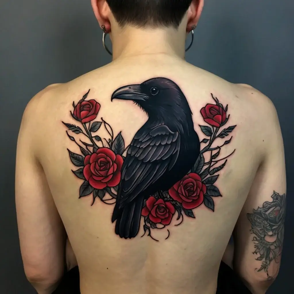 A black raven with detailed feathers sits amid vibrant red roses on the back, symbolizing mystery and beauty.