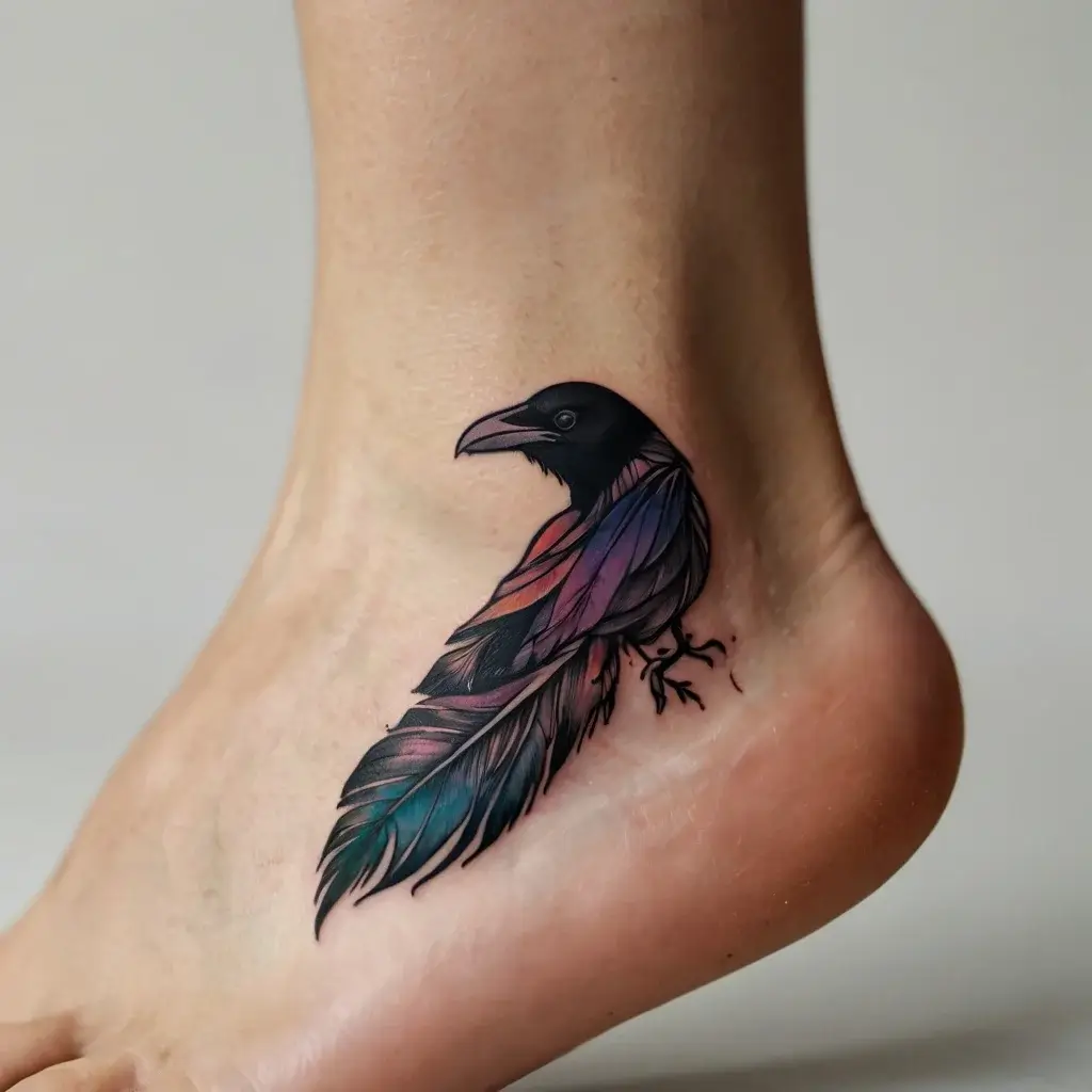 Tattoo of a black raven in profile, blending into a feather with vibrant purple and teal hues on the ankle.