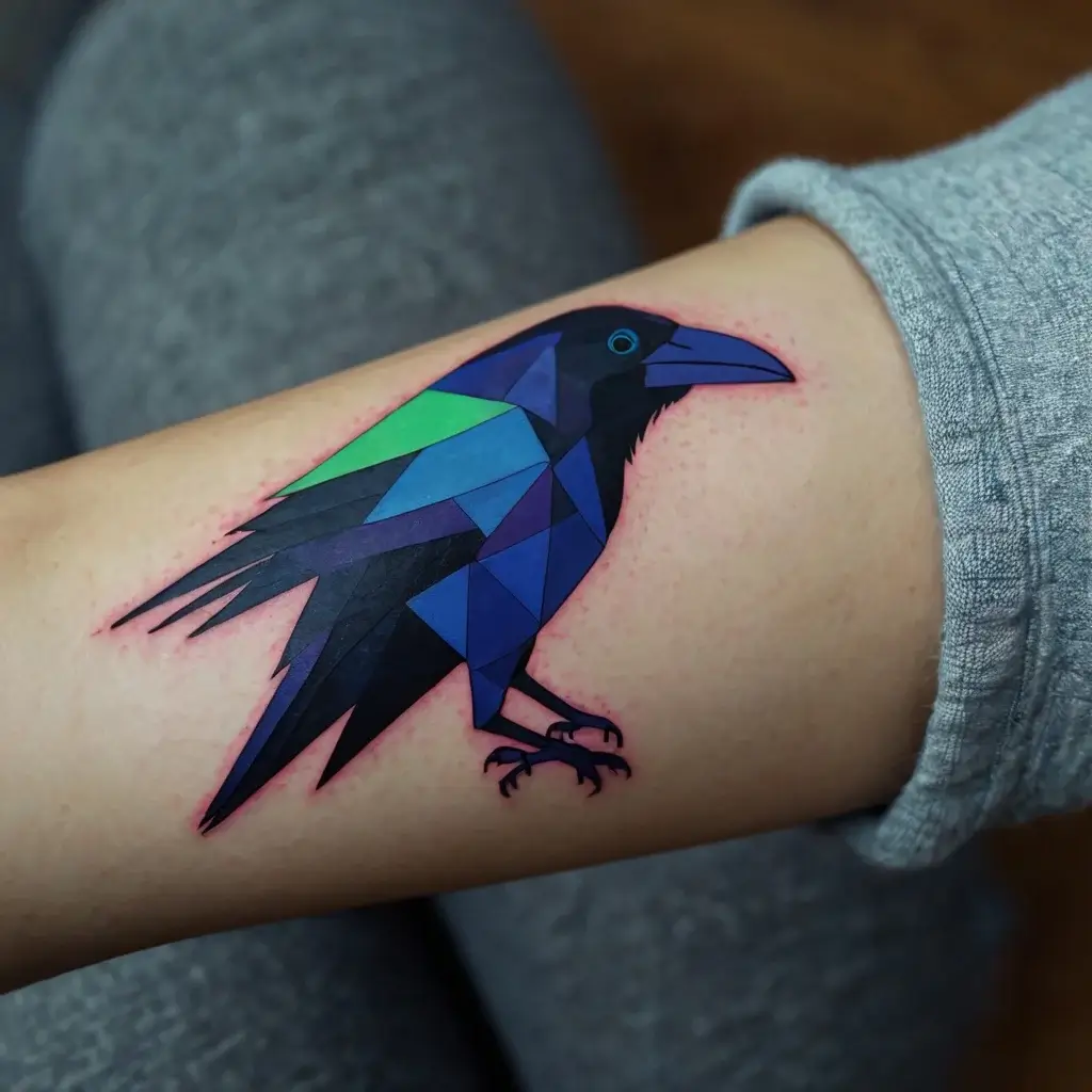 Geometric raven tattoo in shades of blue, purple, and green, with sharp polygonal shapes, creating a modern, edgy look.