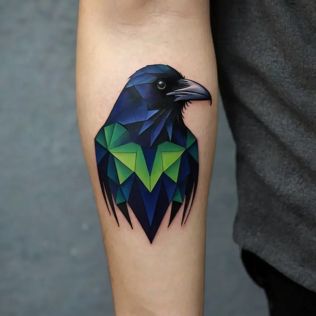 Geometric raven tattoo with vibrant blues and greens, featuring sharp angles and intricate shading on the forearm.