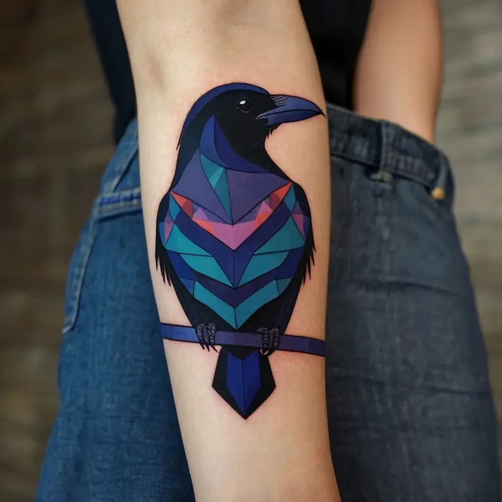 Geometric raven tattoo with vibrant blues and purples, perched on a branch, blending bold lines and intricate shapes.