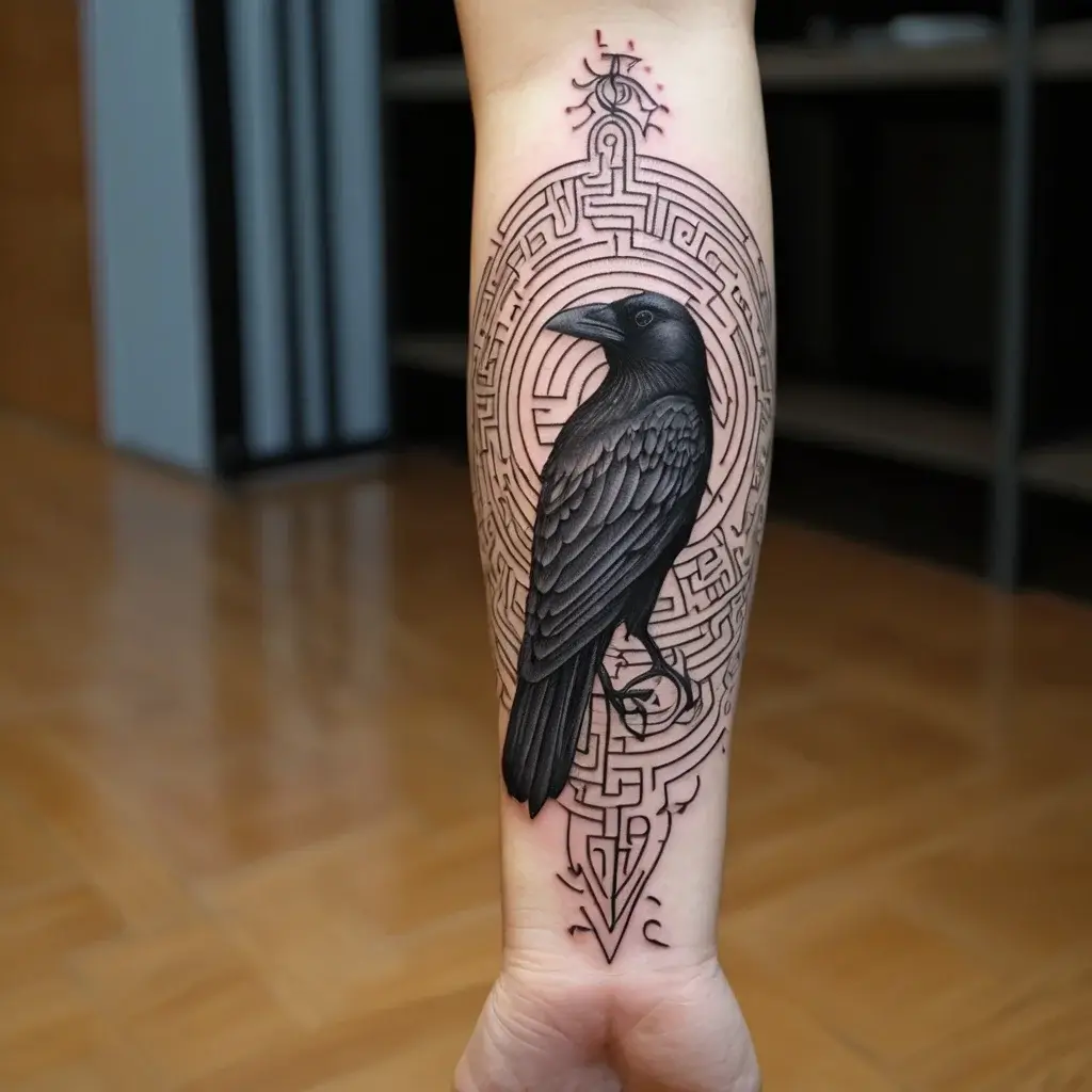 Tattoo of a detailed black raven on forearm, overlaying a complex geometric maze design with mystical symbols.