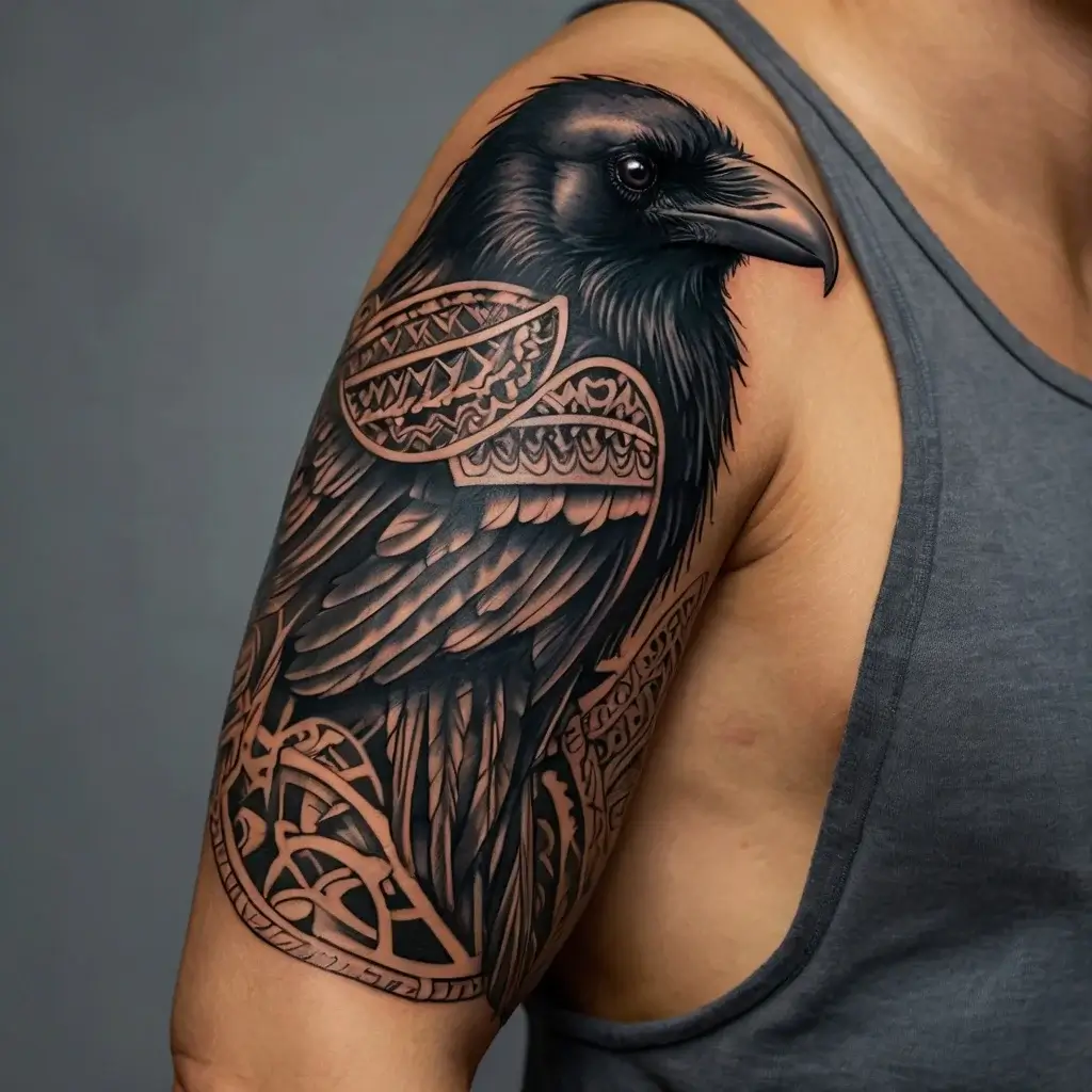 Intricate raven tattoo with Celtic knot patterns on an arm, blending realism with detailed geometric elements.