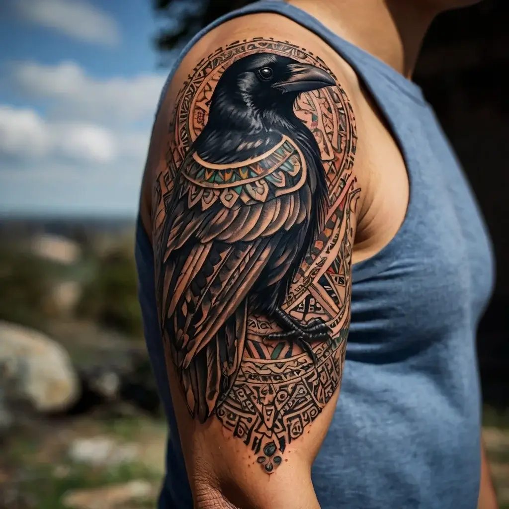 Intricate raven tattoo on upper arm, surrounded by geometric patterns with tribal influences, showcasing rich detail.