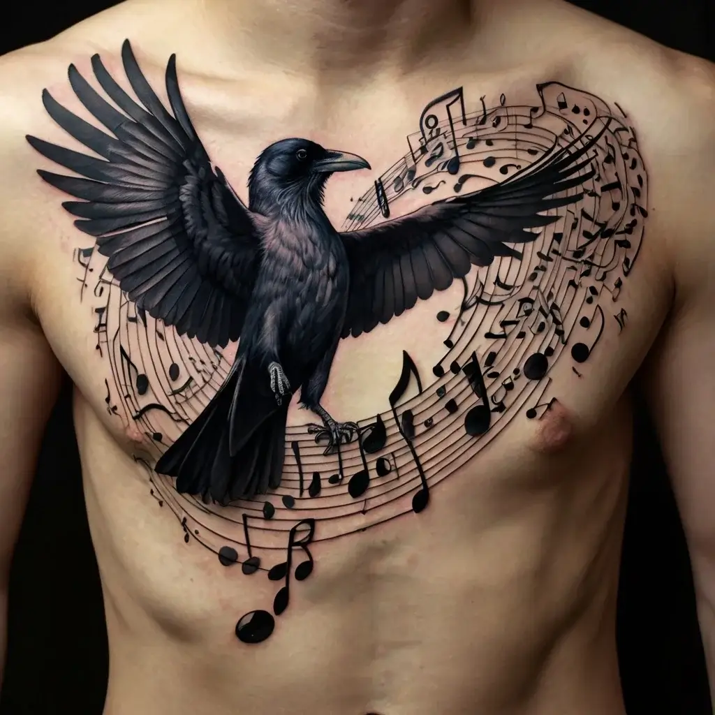 Tattoo of a detailed crow in flight with intricate musical notes cascading across the chest, symbolizing harmony in motion.