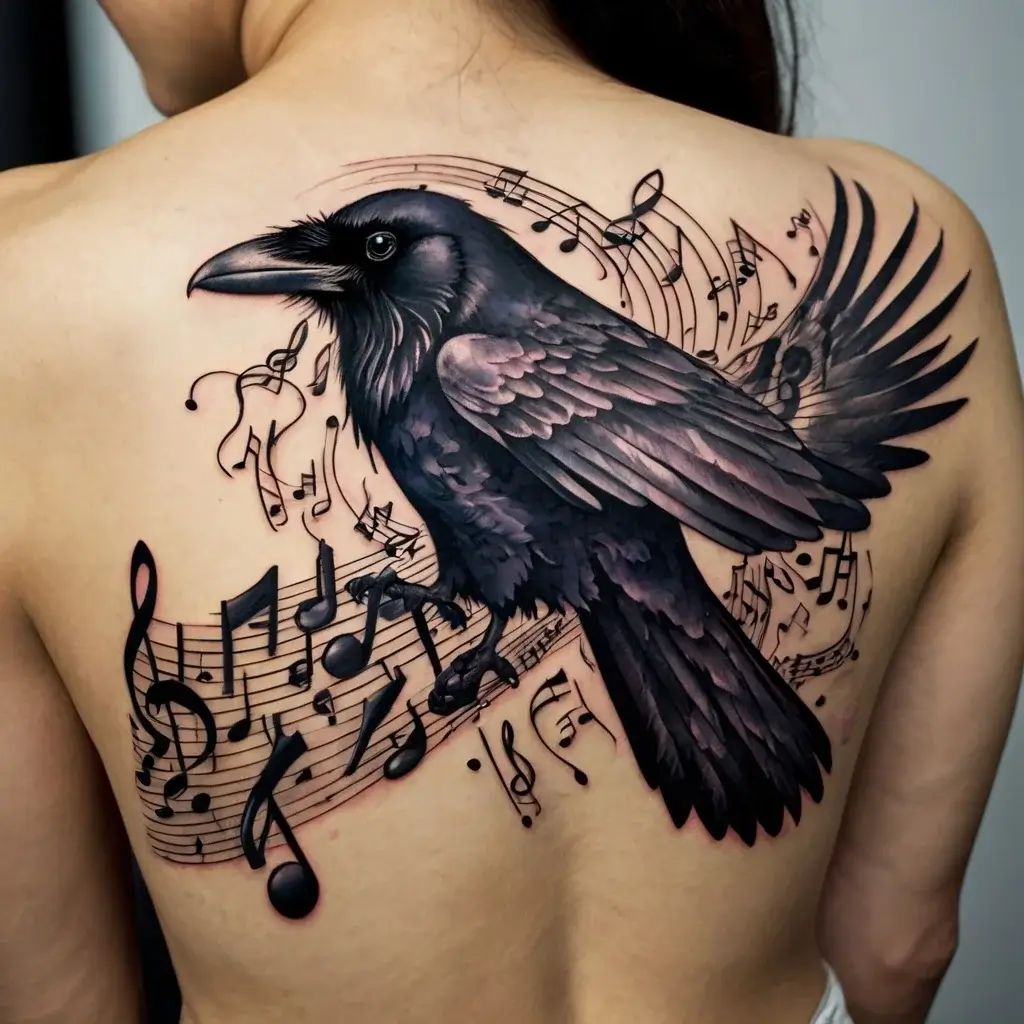 Tattoo of a detailed raven with open wings, surrounded by swirling musical notes on sheet music across the back.