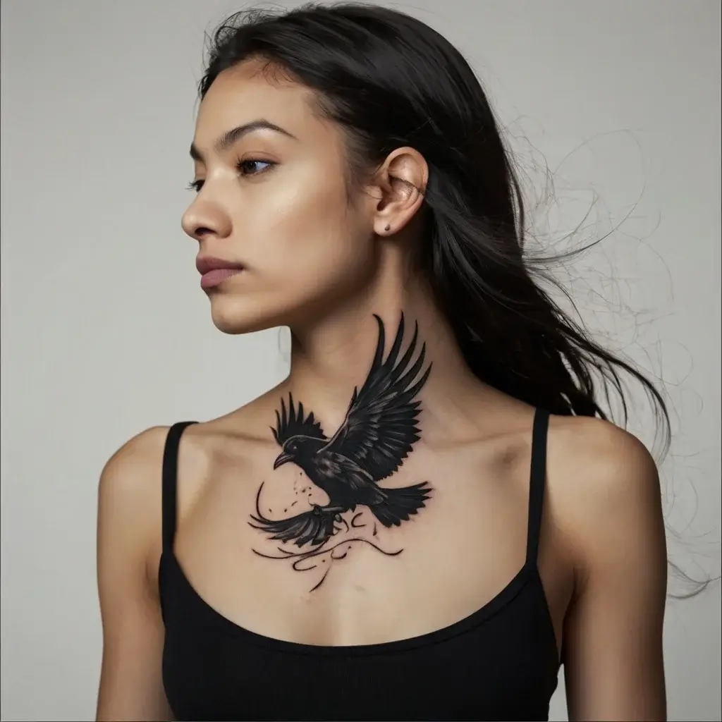 A detailed black raven tattoo in flight on the chest, with dynamic wings and subtle ink splatter effects.