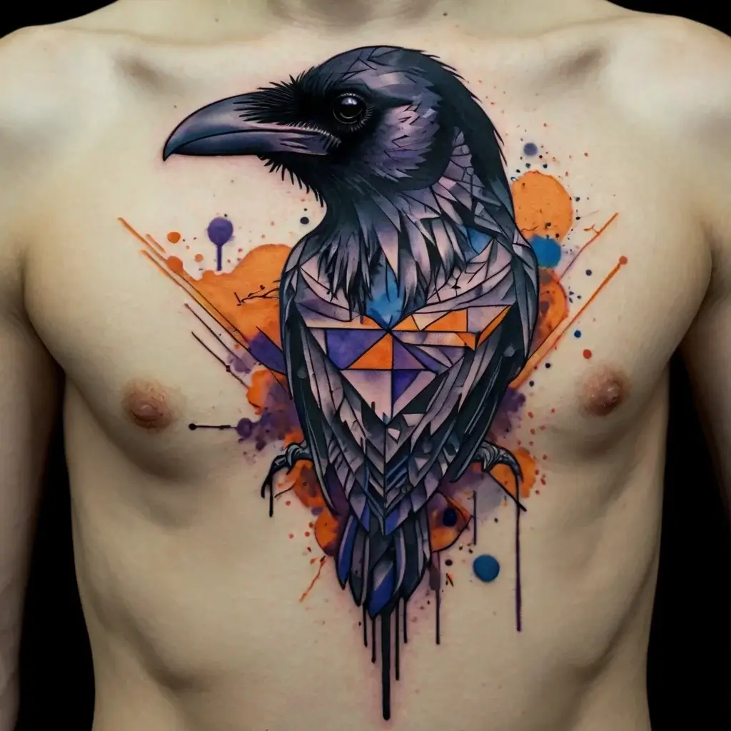 Geometric raven tattoo on chest with vivid orange and purple watercolor splashes, blending realism and abstract art.