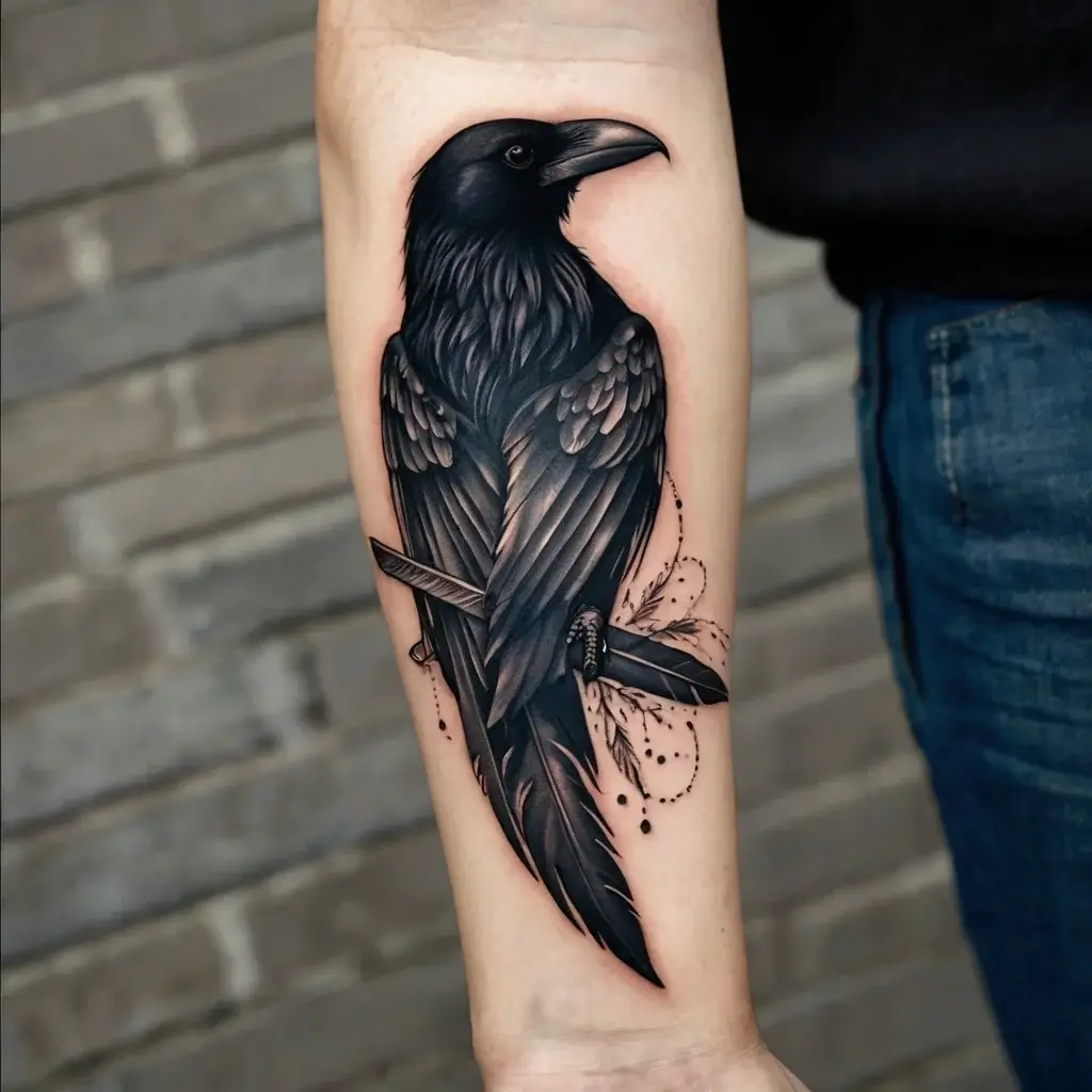 Detailed black raven tattoo perched with a dagger, accentuated with dotwork and feathers, symbolizing mystery and protection.