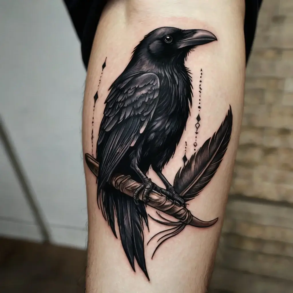 Tattoo of a detailed raven perched on a branch with a feather, accented by geometric patterns and fine linework.