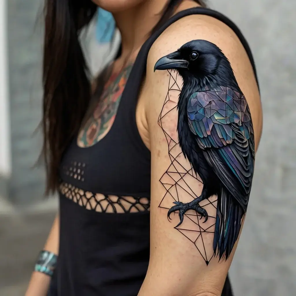 A vibrant 3D geometric raven tattoo on the upper arm, its iridescent feathers and sharp lines create a dynamic effect.