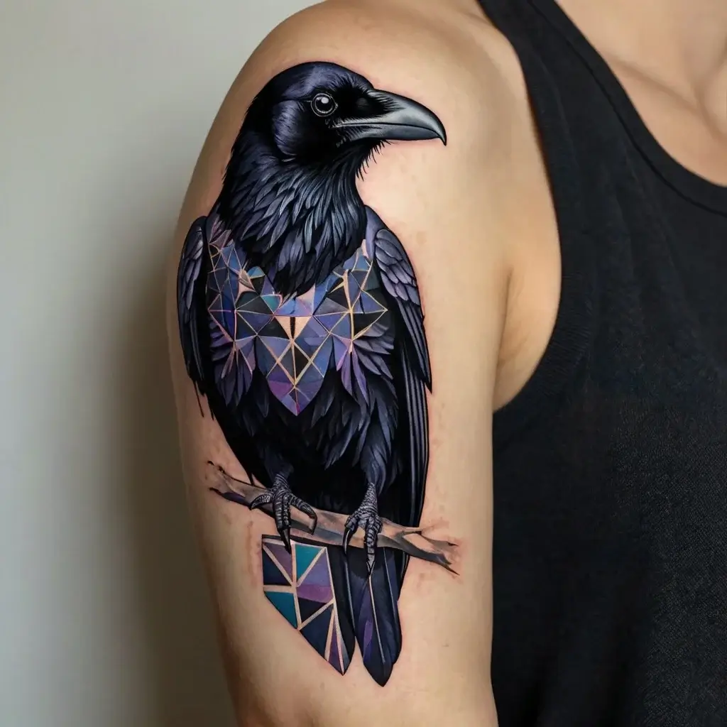 Geometric raven tattoo on arm, featuring intricate purple and blue polygonal patterns, perched on a branch.