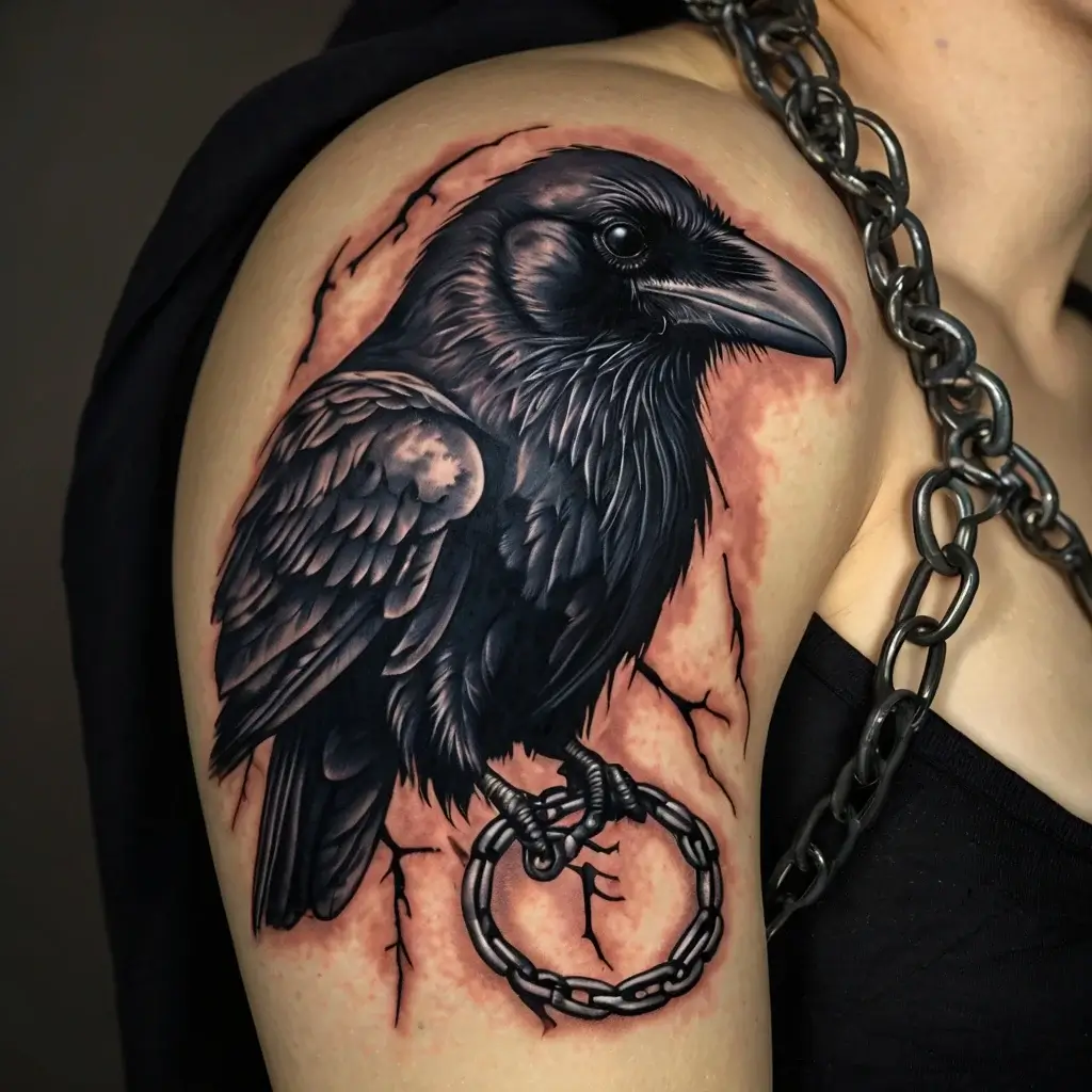 Realistic raven tattoo on the shoulder, perched above a chained ring, with a cracked background for dramatic effect.