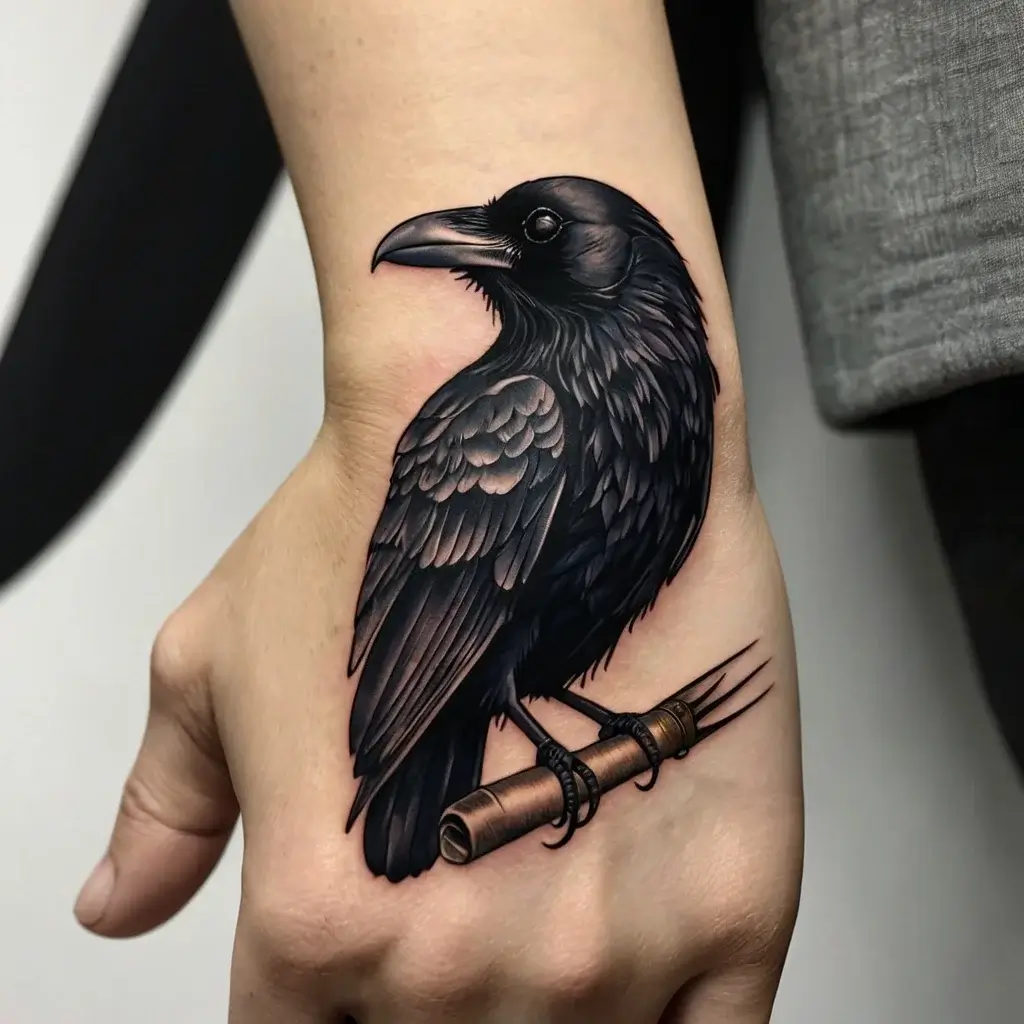 Tattoo of a realistic black raven perched on a branch, symbolizing mystery and intelligence, located on the hand.