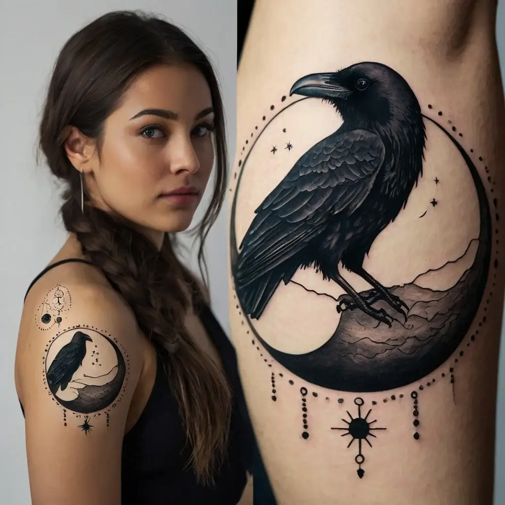 Tattoo of a detailed black raven perched on a crescent moon, surrounded by stars and ornate dot-work elements.