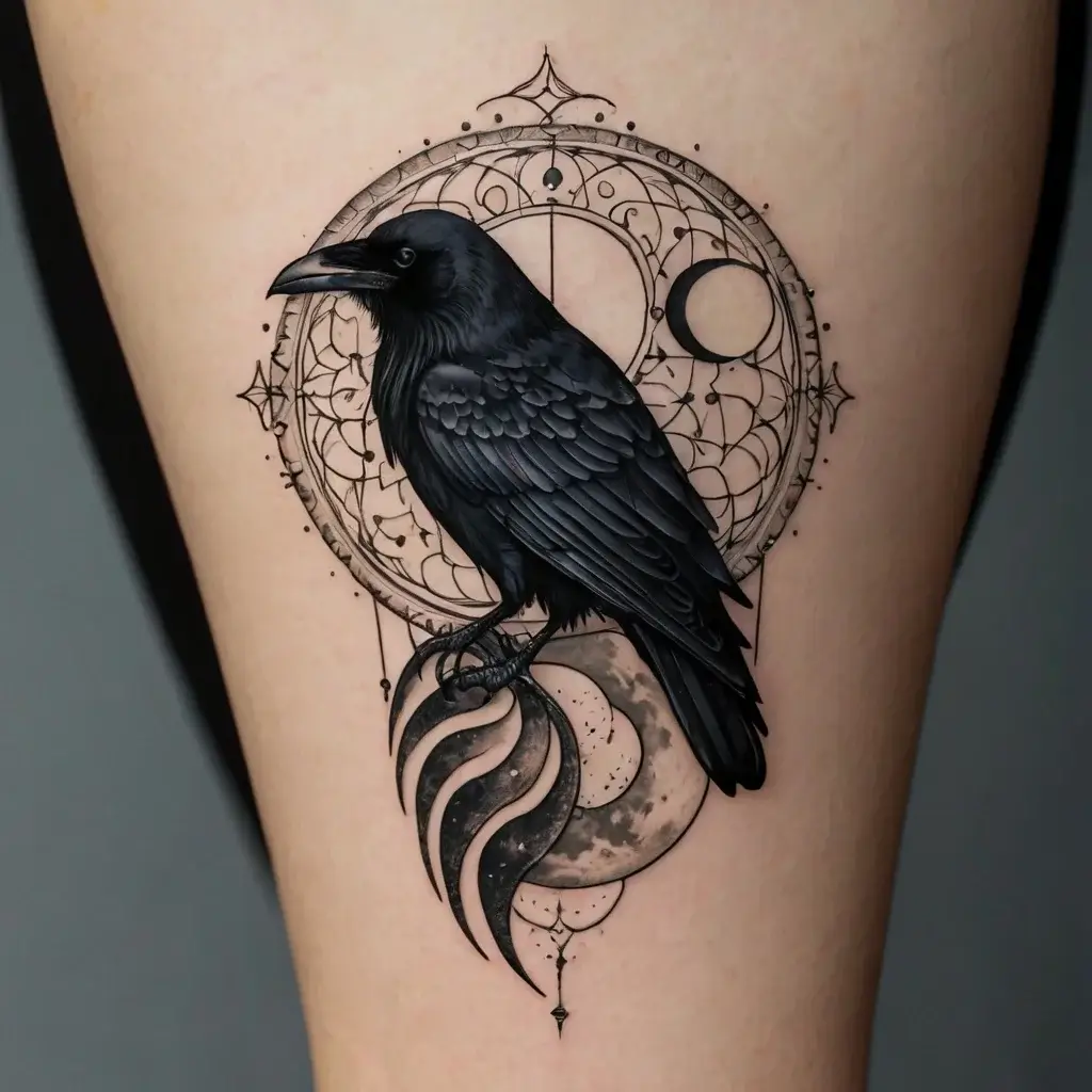 Tattoo of a black raven perched above an intricate geometric moon and star design, symbolizing mystery and wisdom.