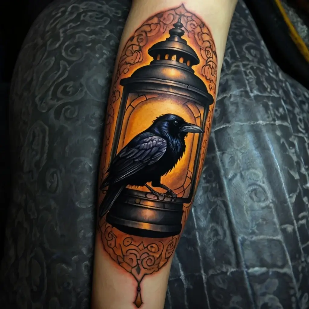 Tattoo of a detailed black crow perched on a glowing lantern, surrounded by intricate filigree design.