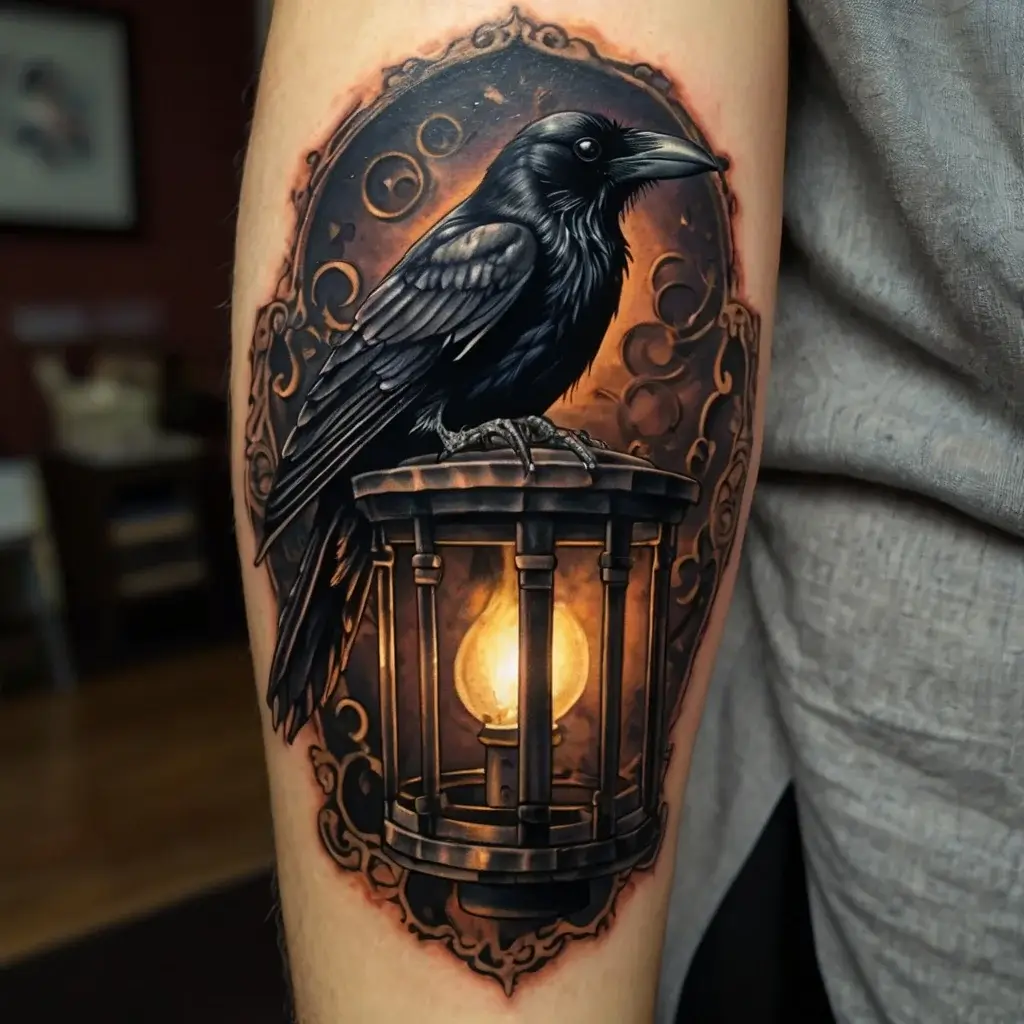 Tattoo of a detailed raven perched on a glowing lantern, set against an ornate frame with abstract swirling patterns.