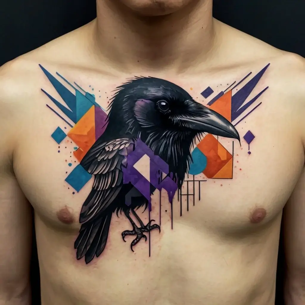 Tattoo of a realistic raven on the chest intertwined with vibrant geometric shapes and splatter effects.