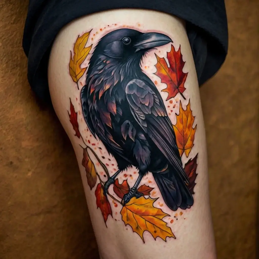 Tattoo of a detailed black raven with colorful autumn leaves, blending realism and vibrant colors against the skin.