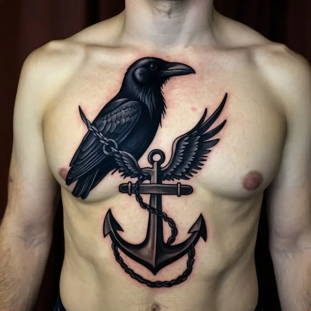 Tattoo of a black raven perched on a winged anchor, symbolizing mystery and strength.