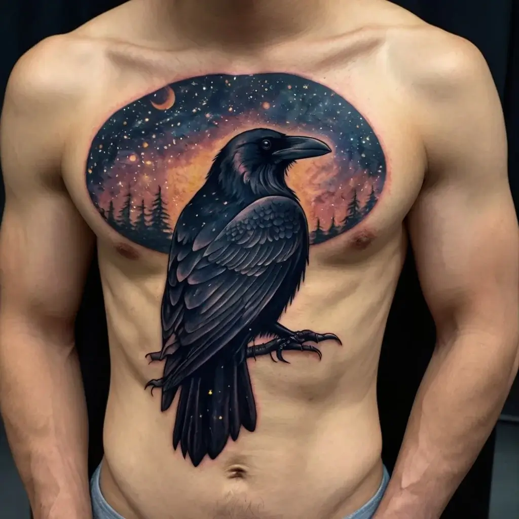 Chest tattoo of a detailed raven perched against a twilight sky with stars and a crescent moon above treetops.