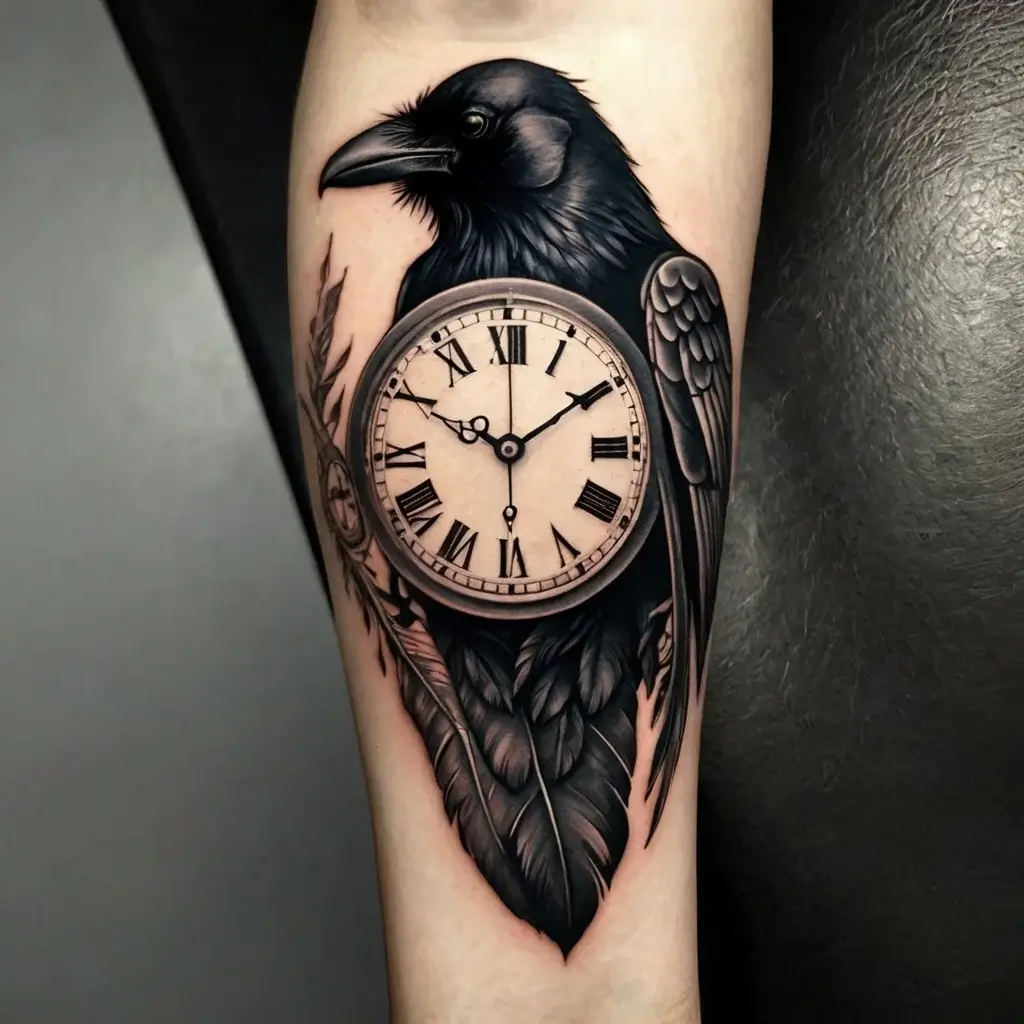 Tattoo of a realistic raven with a vintage clock on its chest, featuring Roman numerals, symbolizing time and mystery.