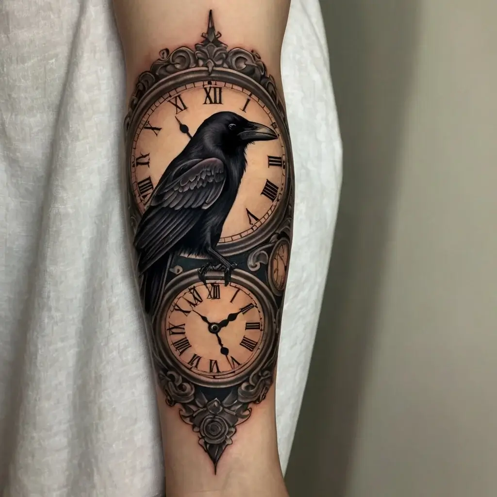 Tattoo of a realistic black raven perched on an ornate clock face with Roman numerals, symbolizing time and mystery.