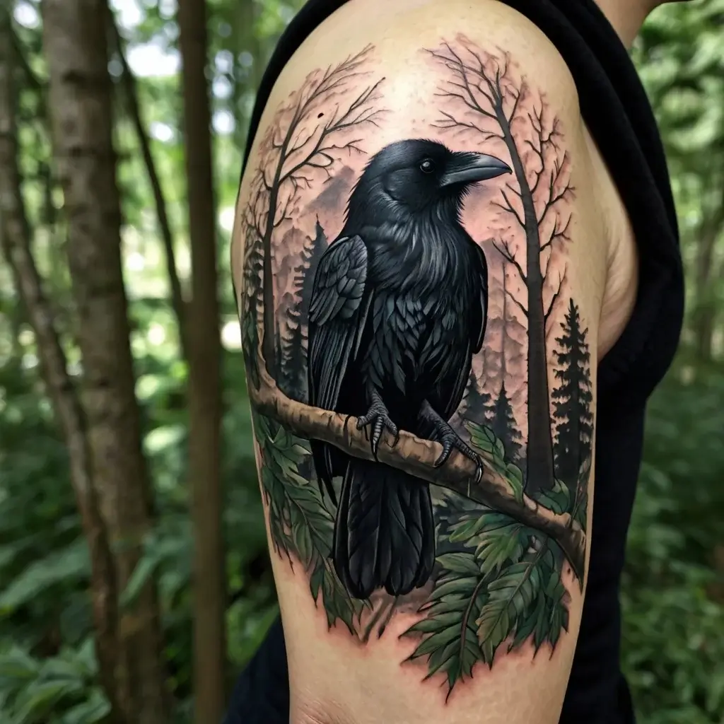 A detailed raven tattoo on an arm, perched on a branch, with a background of trees against a soft pink sky.