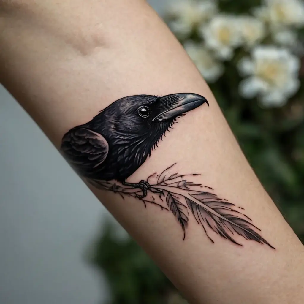 Black raven perched on a branch, detailed feathers, highlighting depth and realism.